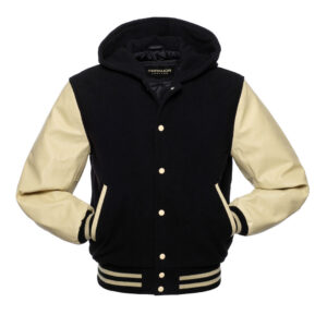 Black And Cream Wool And Leather Hooded Varsity Jacket