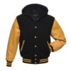 Black And Musturd Wool And Leather Hooded Varsity Jacket