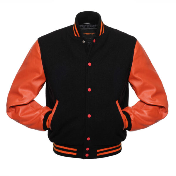 Black And Orange Wool And Leather Varsity Jacket