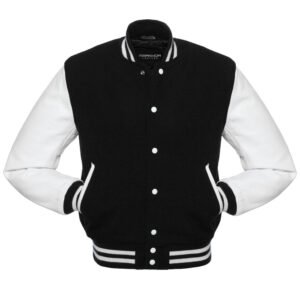 Black And White Wool And Leather Varsity Jacket