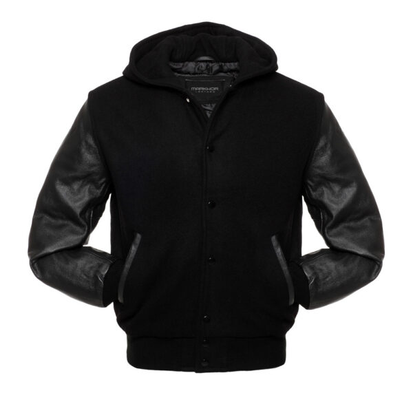 Black Wool And Leather Hooded Varsity Jacket