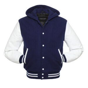 Blue And White Wool And Leather Hooded Varsity Jacket