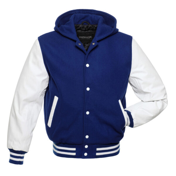Blue And White Wool And Leather Varsity Jacket