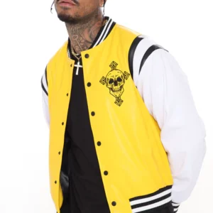 Fallen Soul Yellow And White Leather Varsity Jacket
