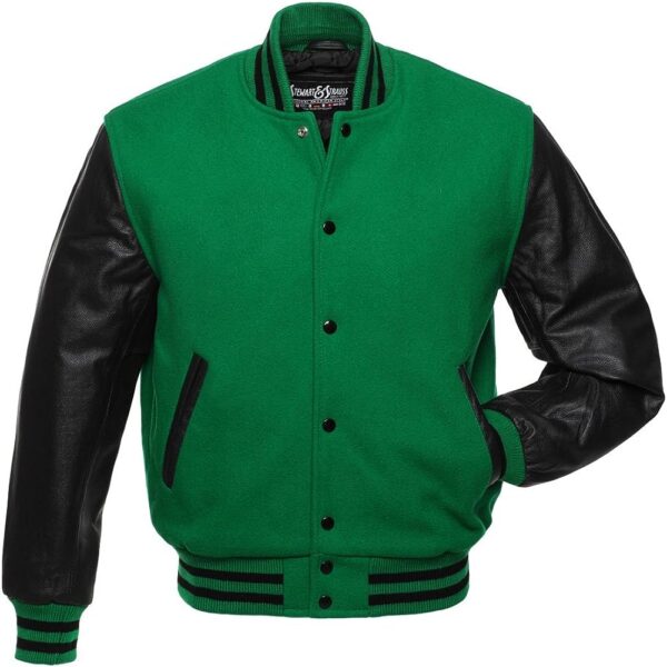 Green And Black Wool And Leather Varsity Jacket