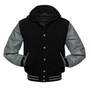 Grey And Black Wool And Leather Hooded Varsity Jacket