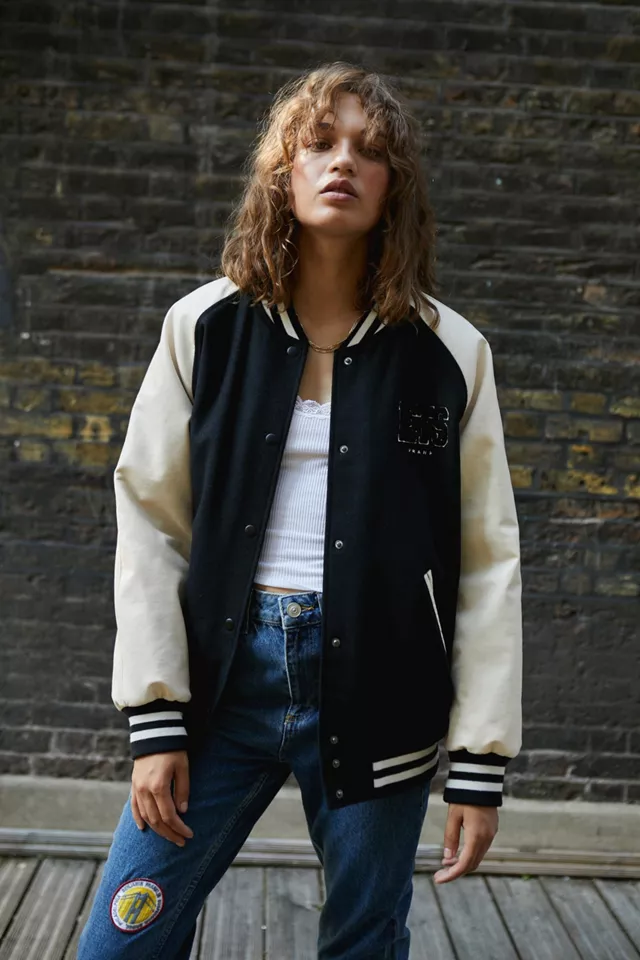 Iets Frans Black Faux Leather Varsity Jacket | Letterman Jacket