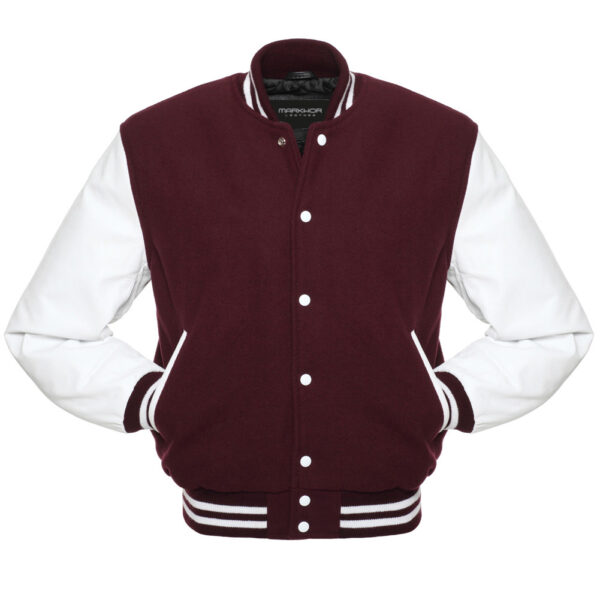 Maroon And White Wool And Leather Varsity Jacket