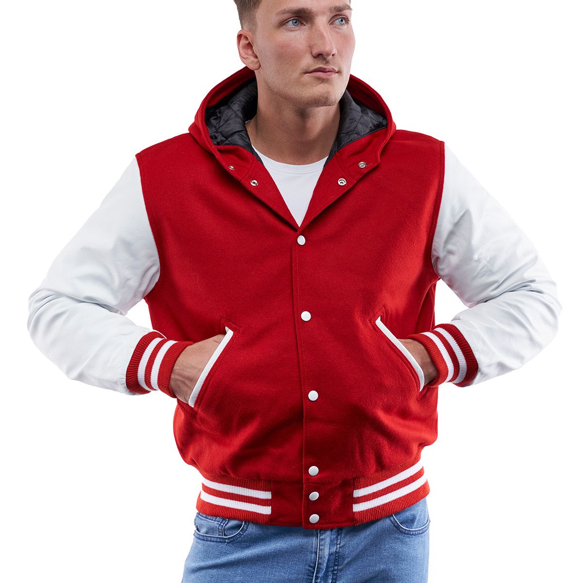 Mens Red And White Wool And Leather Hooded Jacket