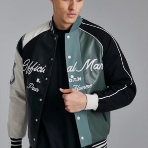 Official Man Wool And Leather Tonal Splice Varsity Jacket