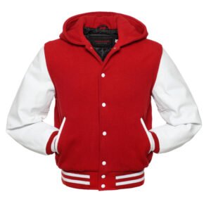 Red And White Wool And Leather Hooded Varsity Jacket