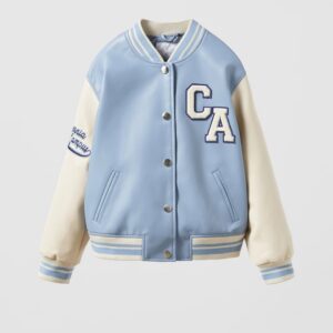 Sky Blue And White Faux Leather Letterman Jacket