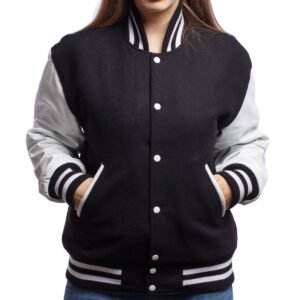 Womens Black And White Wool And Leather Varsity Jacket