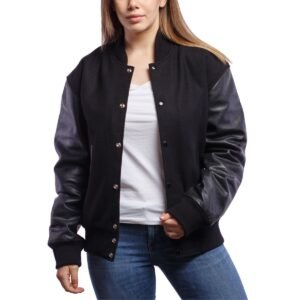 Womens Black Wool And Leather Jacket