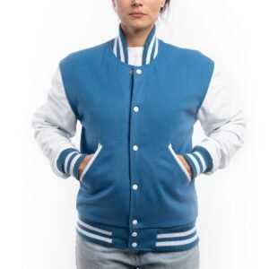 Womens Blue And White Wool And Leather Varsity Jacket