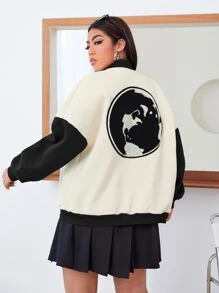 Womens Earth Patch Black And White Letterman Jacket