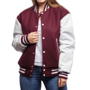 Womens Maroon And White Wool And Leather Varsity Jacket