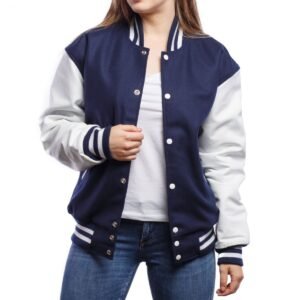 Womens Navy Blue And White Wool And Leather Varsity Jacket.