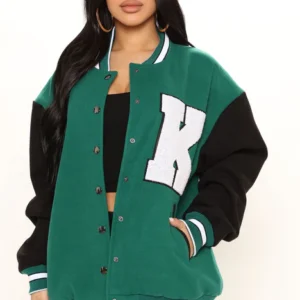 Womens Green And Black Wool Varsity Jacket