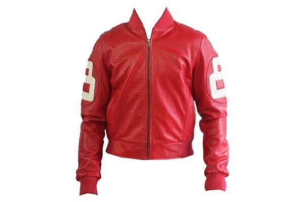 8 Pool Ball Red Leather Bomber Jacket With Rib Knitted Cuffs And Collars