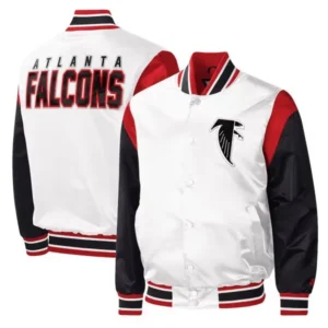 Atlanta Falcons Throwback Warm Up Pitch Varsity White Satin Jacket