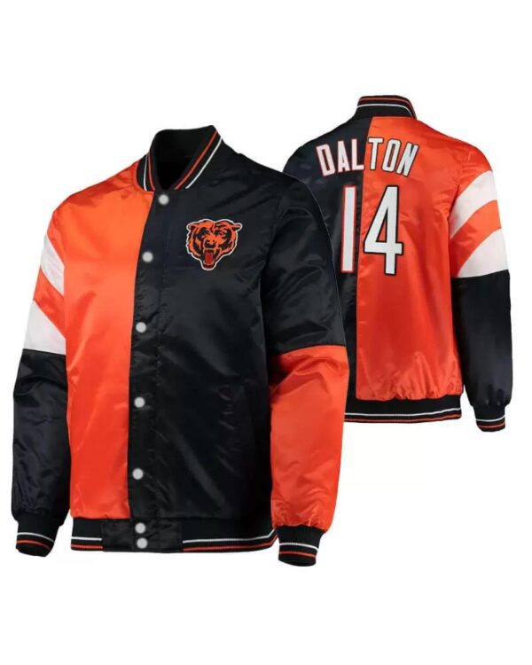 Embrace the Bears spirit with the Andy Dalton 14 Chicago Bears NFL Satin Jacket. Crafted in sleek satin, this jacket features the iconic Bears emblem and pays tribute to the quarterback